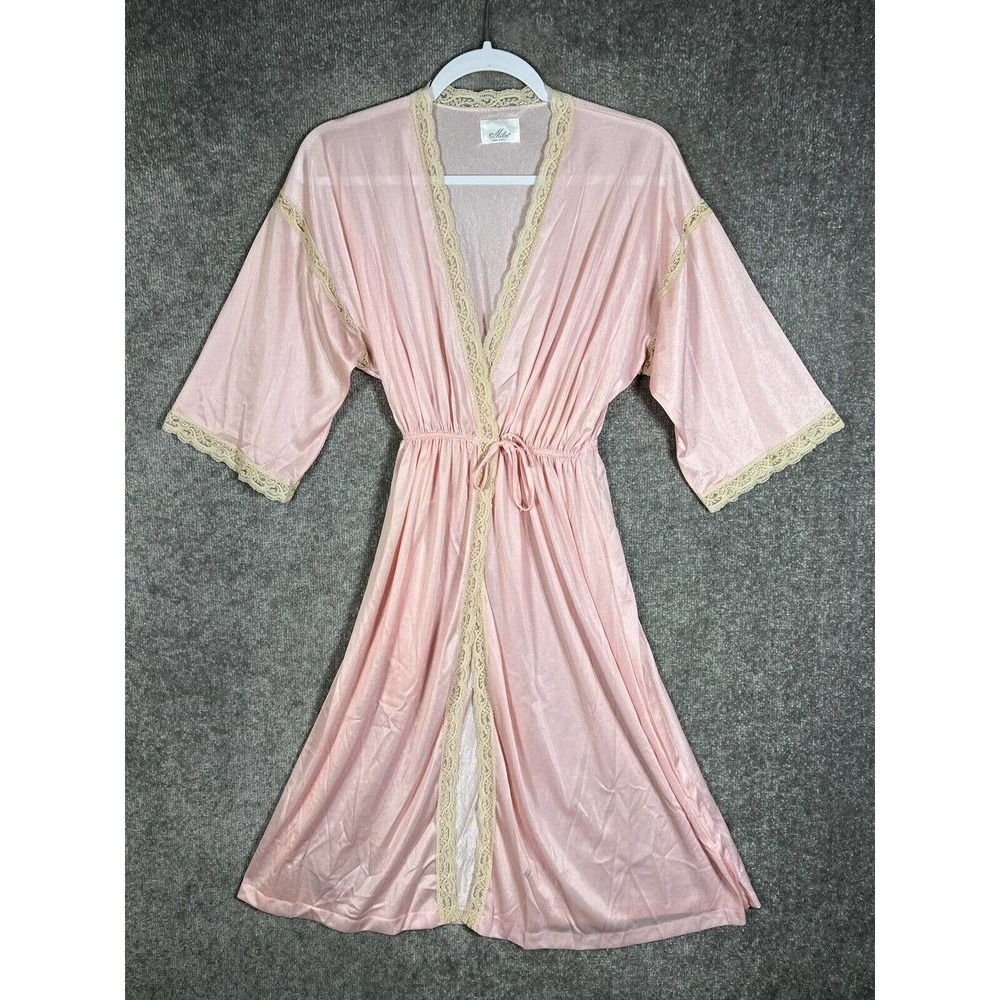 Vintage Milco‎ 1/2 Sleeve Lace Trim Wrap Robe Womens Medium Pink Pocket USA Made